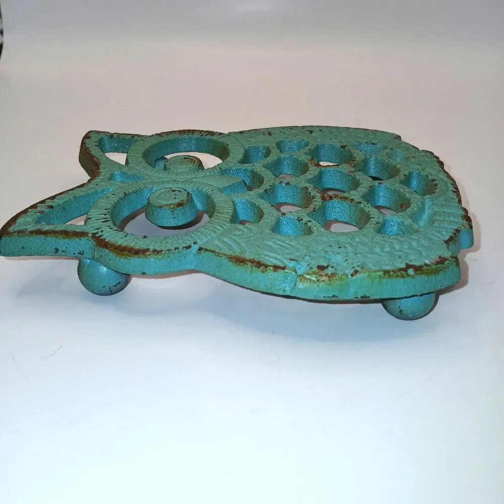 Cast Iron Owl Trivet Turquoise Aqua Blue Rustic Farmhouse 5 1/4